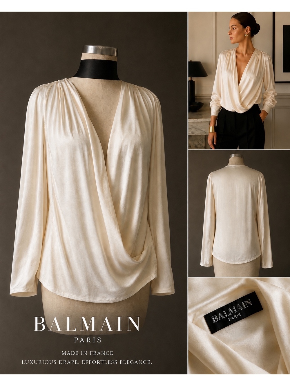 Balmain Paris Ivory Silk Deep Plunge Draped Blouse 46 Made in France